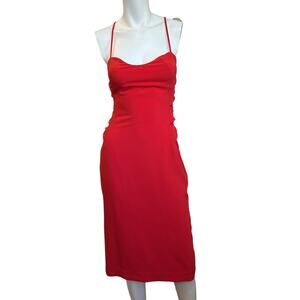 Halston Heritage Red Crepe Sheer Side Slit Midi Sleeveless Cocktail Dress 2 NWT